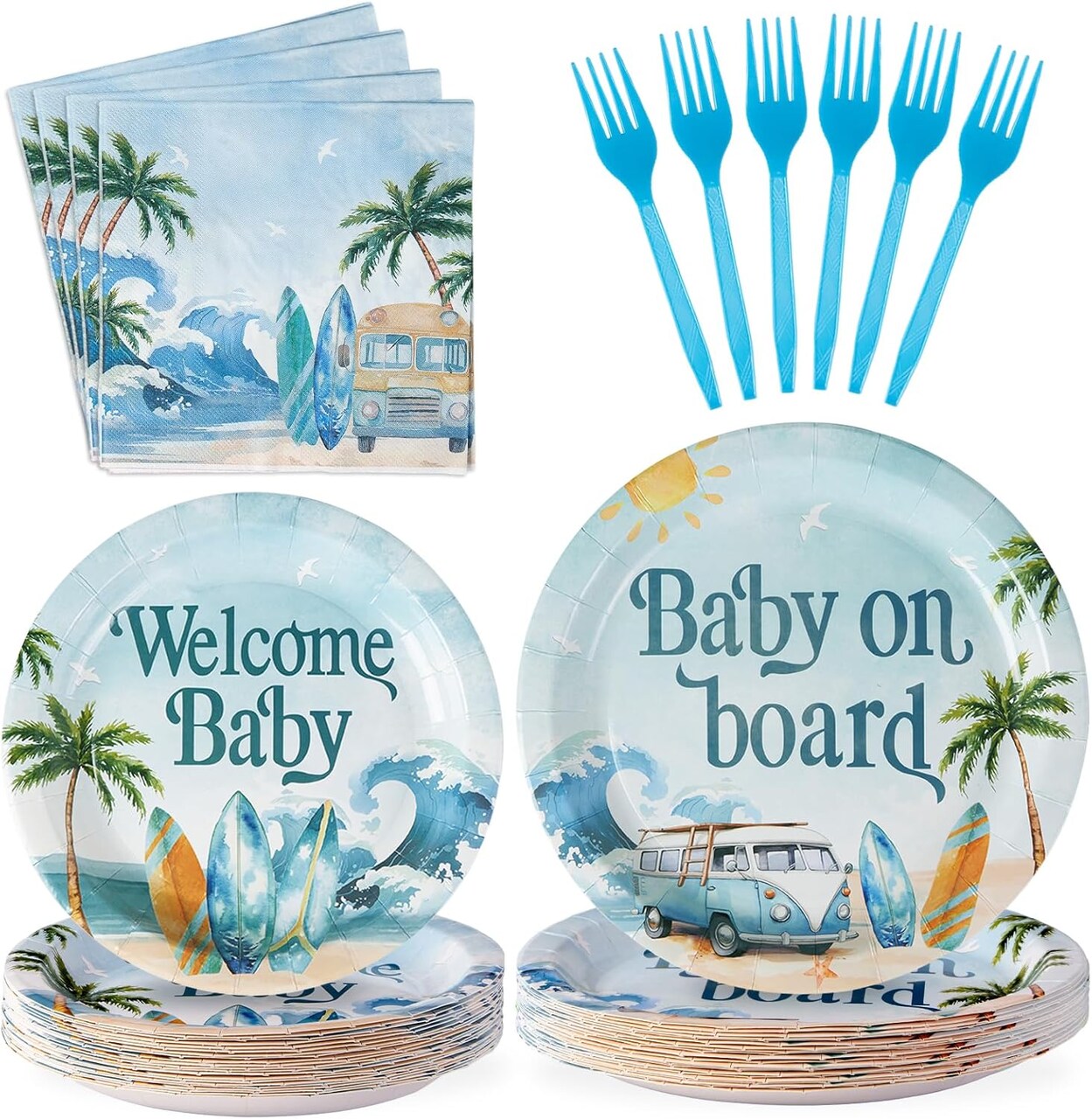 96 Pcs Surf Baby Shower Decorations Baby On Board Shower Plates and Napkins Disposable Surfboard Tableware Set(Blue)